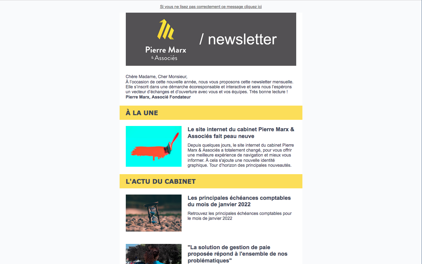 Capture écran de la newsletter mensuelle de Pierre Marx et Associés